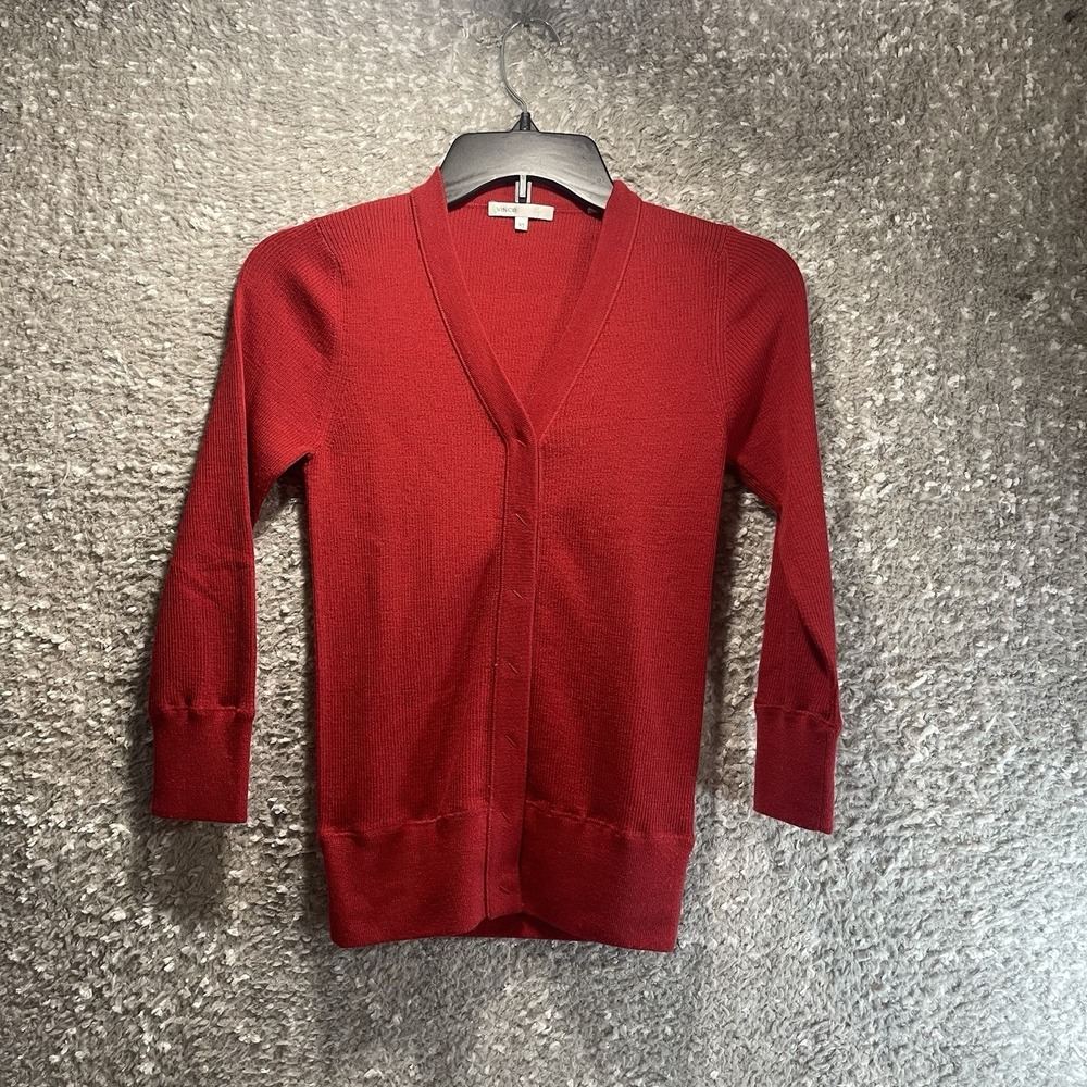 Vince Women Ribbed V-neck Button Up‎ Wool Cardigan Top XS Red Preppy Academia